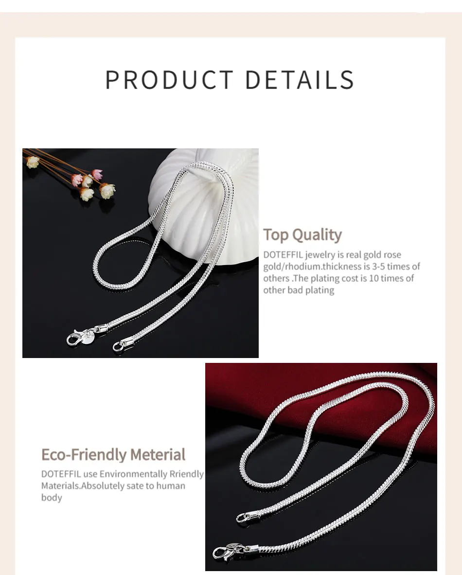 DOTEFFIL 925 Sterling Silver 16/18/20/22/24 Inch 3mm Snake Chain Necklace For Women Man Fashion Wedding Party Charm Jewelry DOTEFFIL 925 Sterling Silver 16/18/20/22/24 Inch 3mm Snake Chain Necklace For Women Man Fashion Wedding Party Charm Jewelry
