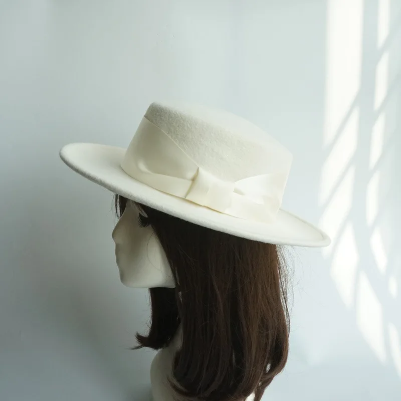 Women's retro bow white 100% woolen top hat female foreign trade wide brim British wild felt Wide ribbon decoration beanie hats 6