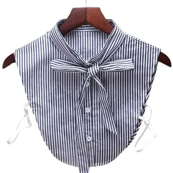 

Women Fake Stand Collar Vertical Stripes Adjustable Bowtie Detachable Half-Shirt