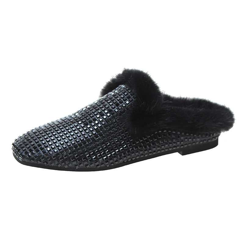 Shiny rhinestone furry slippers cozy fashion outdoor slides woman warm fur Lightweight Breathable shoes zapatos de mujer - Цвет: Черный
