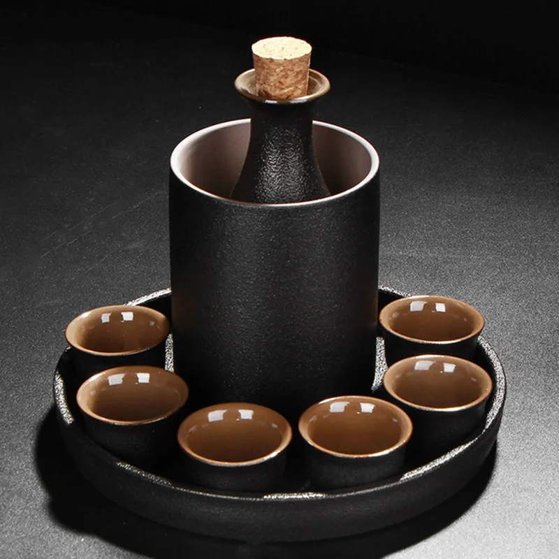Ceramic Black Pottery Wine Set Small Wine Cup Divider Glass Japanese Sake Set