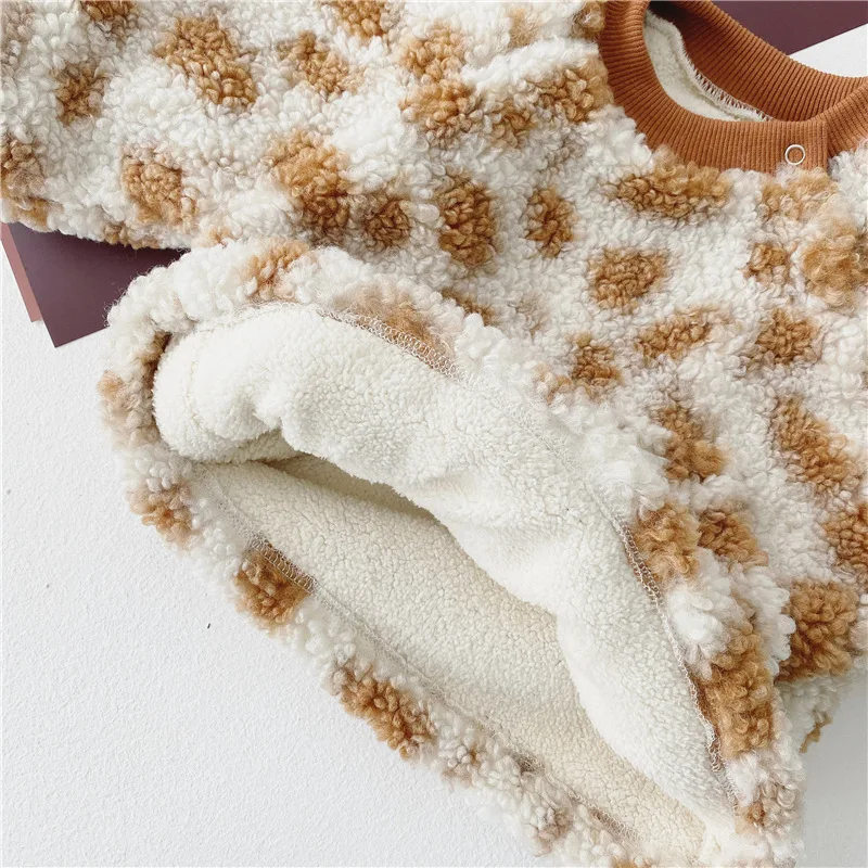 Children Winter New Boys and Girls Lamb Wool with Plush Thickened Leopard Pullover Round Neck Sweater Newborn Kids Hooded