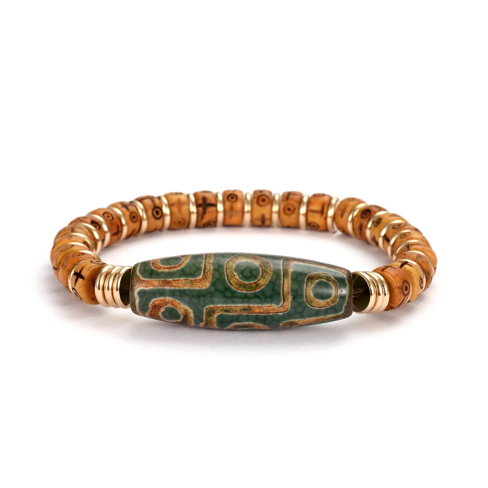 

Vintage Green 9 Eyes Dzi Day-beads Cross Yak Bone Tibetan Bracelets Men Big Powerful Energy Jewelry Golden Copper Spacers Stone