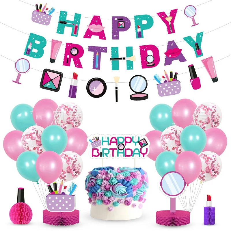New Girl Makeup Theme Party 27Pcs/Set Banner Sequined Balloon Cake Topper Honeycomb Lipstick Red Lips Desktop Decoration Grow Up | Дом и сад