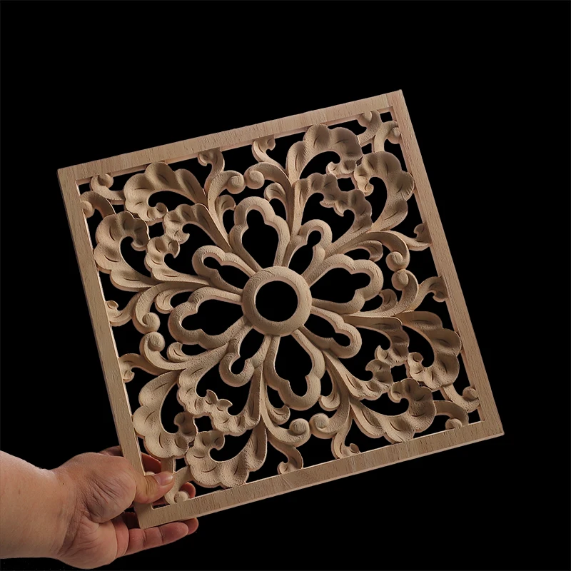 Decorative Wood Appliques Floral Carved Onlay Decal Figurines Home Furniture Door Decor Square