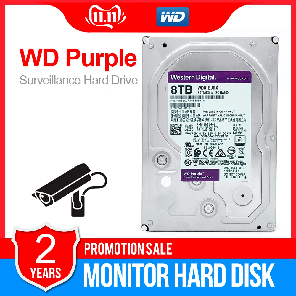 WD Purple 8 ТБ наблюдения жесткого диска SATA 256 MB 3,5 "Interal HDD для CCTV камера AHD DVR IP камера NVR WD81EJRX
