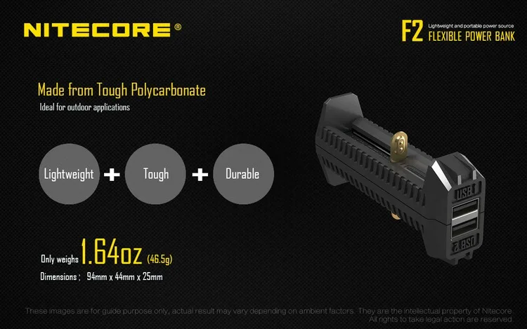 NITECORE F2 USB зарядное устройство+ 2x18650 батареи Гибкий внешний аккумулятор 2A Smart 2 слота источник питания портативные аксессуары для освещения