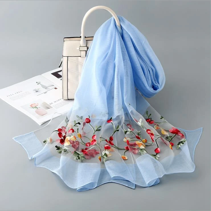 

2020 Spring Organza Jacquard Embroidery Flower Scarf Women Wraps Shawls and Scarves 180*70cm Hijabs Sunscreen Beach Cover up