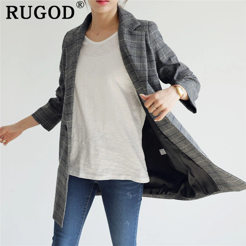 RUGOD корейский Клетчатый костюм пальто Женский винтажный двубортный Блейзер карманы куртки женские модные офисные женские блейзеры верхняя одежда