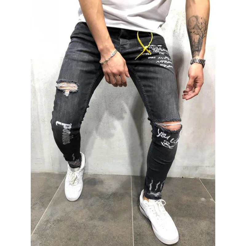 

CYXZFTROFL New Men's Hole Slim Jeans Embroidered High Quality Social Trend Jeans Stretch Hollow Tight-fitting Jeans
