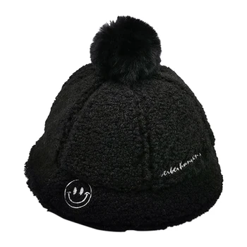 

Warm Kids Girls Boys Baby Plush Ball Design Winter Newborn Cute Smile Hats Knitted Hemming Caps