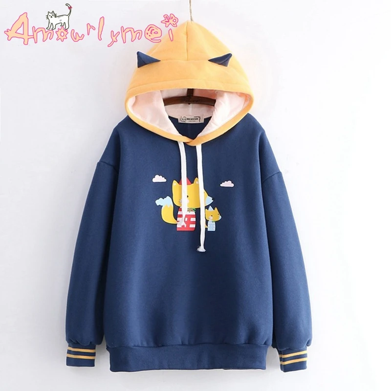 Осенне зимняя женская толстовка с капюшоном и принтом лисы|Толстовки свитшоты| |