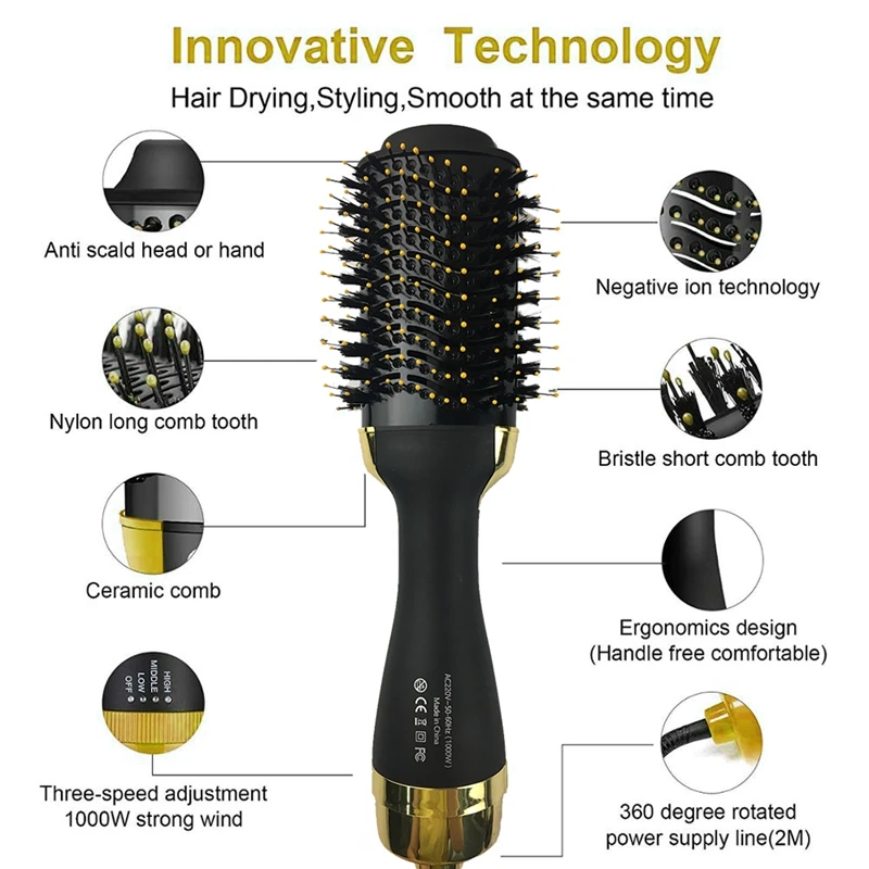 Новинка; Лидер продаж Многофункциональный 2-в-1 шаг Фен-щетка Вращающийся hot кисточки горячего воздуха щипцы для завивки волос Вращающийся ролик гребень отрицательных ионов Sh
