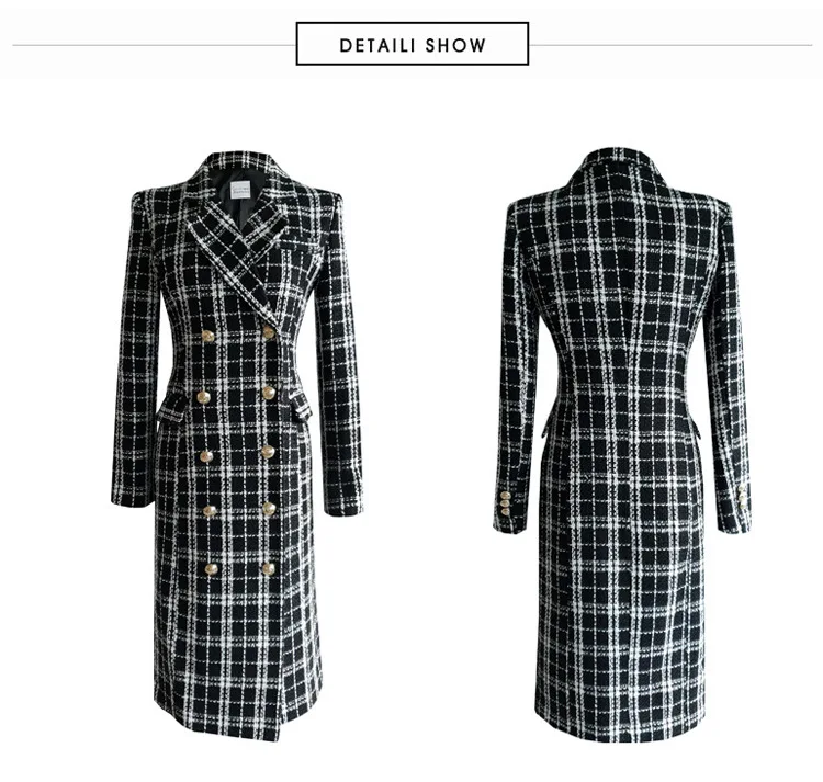 Ladies Fall Winter Contour Gingham Checkered Outerwear Autumn Wool Blend Contrast Color Plaid Long Woolen Jacket Coat