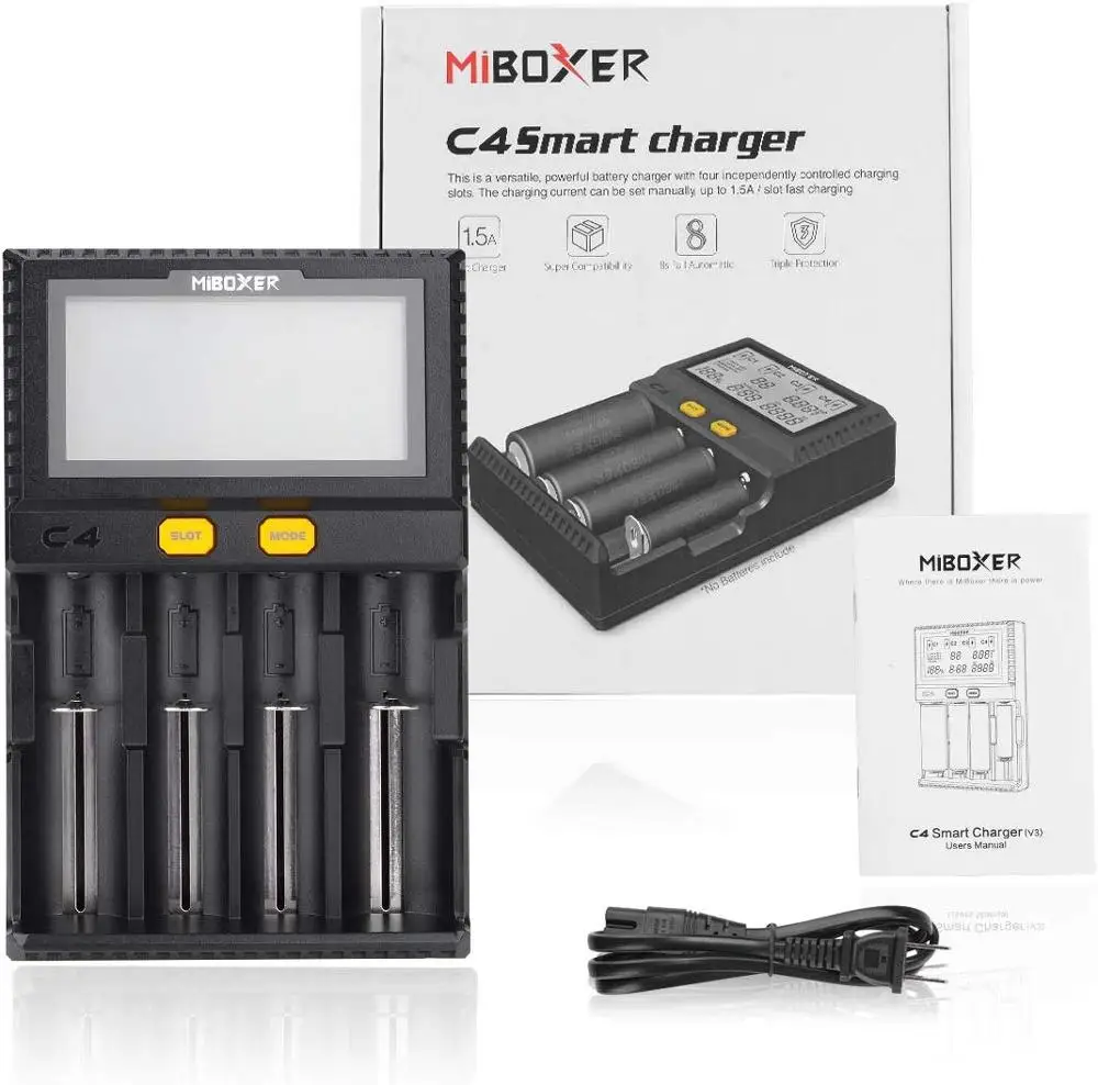Miboxer C4 LCD Smart Battery Charger With Car charger for Li-ion/IMR/INR/ICR/LiFePO4 18650 14500 26650 100-800mah discharger | Электроника