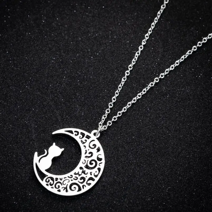 Hollow Moon Cat Stainless Steel Necklace for Women