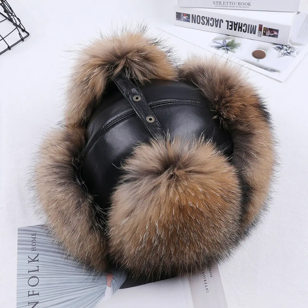 Winter Men's Real Silver Fox Fur Bomber Hat Raccoon Fur Ushanka Cap Trapper Russian Man Ski Hats Caps Real Leather winter hat fur hat