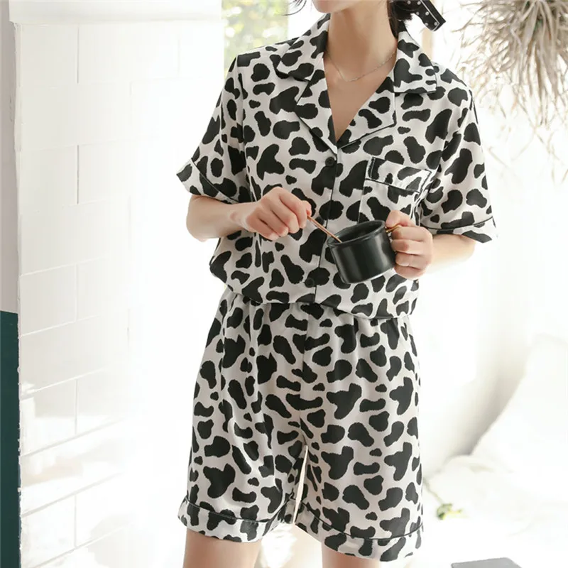 Повседневные новые женские свободные пижамы, комплекты, летние рубашки с коротким рукавом в горошек+ штаны, одежда для сна, женская домашняя пижама, Халат