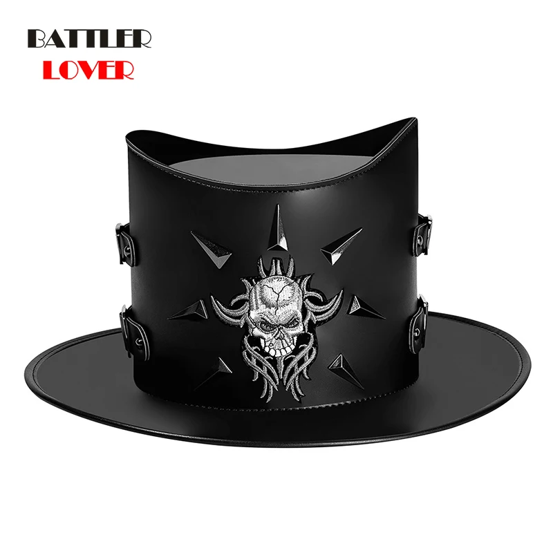 Rock Steampunk Black Pu Leather Party Cospaly Skull Embroiderry Hat Accessory Gothic Performance Punk Hip Hop Vintage Unisex Hat