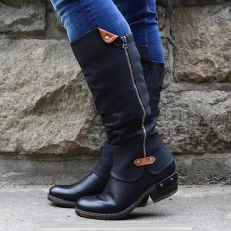 

2019 Women Boots Knee-High Sexy Side Zipper Winter Boots Women Western Boot Comfortable Flat Heels Water-proof Shoes Botas Mujer