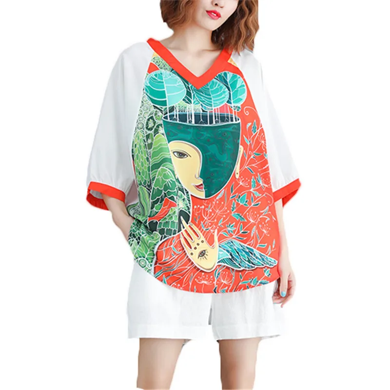 Женская футболка с рукавом летучая мышь оранжевая или белая свободная принтом в