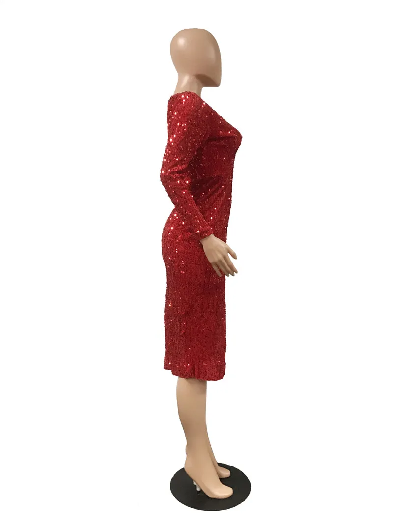 Adogirl Рождественские туфли с красными блестками вечерние платье Для женщин сексуальный глубокий v-образный вырез, длинный рукав, с высоким разрезом миди облегающее Клубное платье распродажа