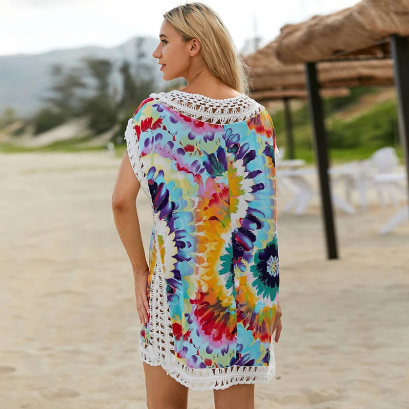 white bikini cover up Bikini Coverup Beach Dress  2021 Summer Sexy Beachwear Color Printing Cotton Crochet Knitted Tunic  Cover Ups For Swimwear Women beach maxi dress with sleeves