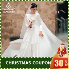 Мусульманское сатиновое ТРАПЕЦИЕВИДНОЕ свадебное платье; юбка-лебедка; WZ01; элегантное платье принцессы с круглым вырезом и длинным рукавом; свадебное платье; Vestido de novia