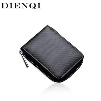 

DIENQI Genuine Leather Carbon Fiber 12 Bits Business Credit Card Holder Unisex Zipper Coin Wallet RFID Card Protection Women Men