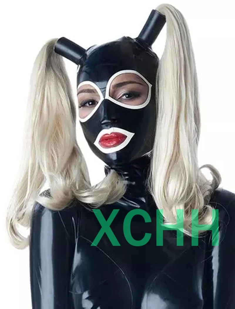 

Latex Hoods with Wigs Customized Fetish heroine mask hood Handmade Natural Zentai hoods Women black open eyes headgear