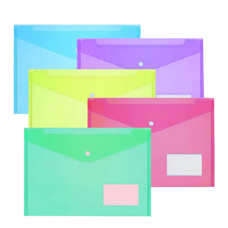 5pcs A4 Size Plastic Envelopes Clear Document File Envelope Folders with Label Pocket & Snap for School Home Office Supplies