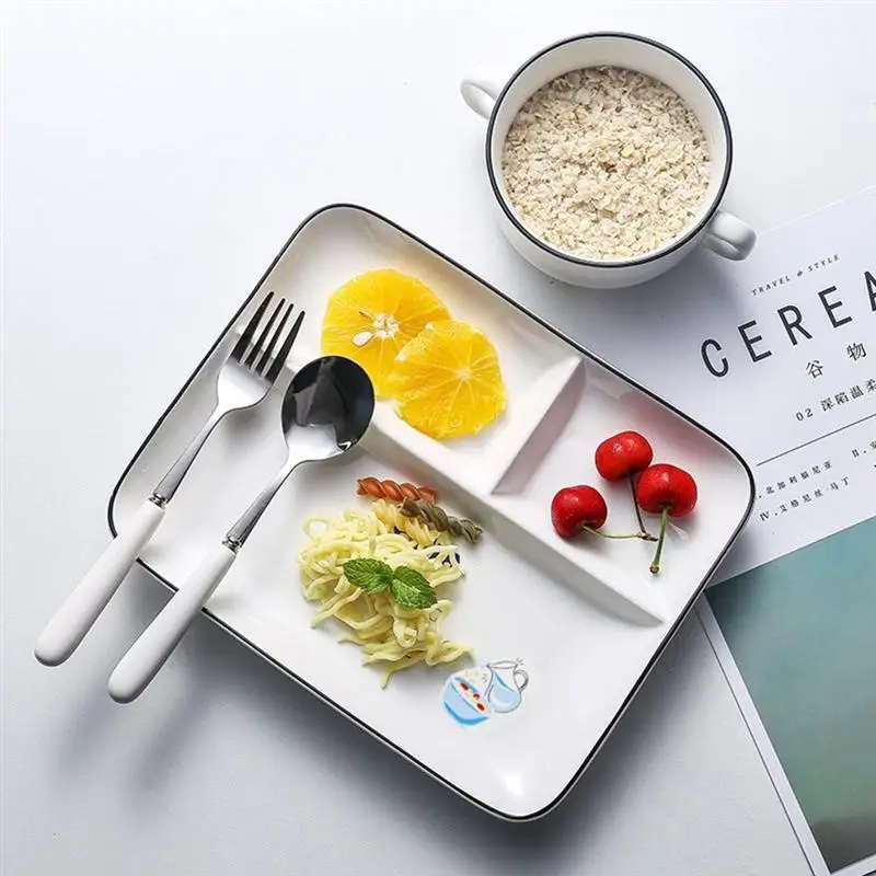 Прямоугольная фарфоровая разделенная тарелка с тремя отделениями, фруктовый десерт, керамический поднос, милая посуда для дома, ребенка