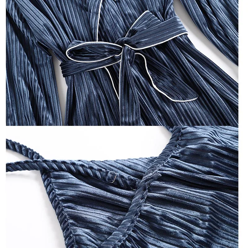 Gold Velvet 3 Pieces Home Gown Set Robe For Women Winter Long-sleeve Female Sleepwear Homewear Nightwear