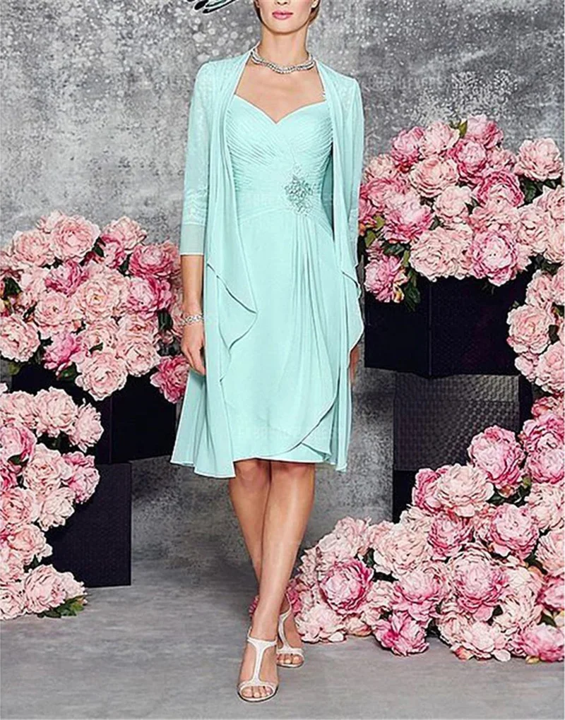 Robes mère de la mariée, deux pièces avec veste, longueur, manches 2021, dentelle, mousseline de