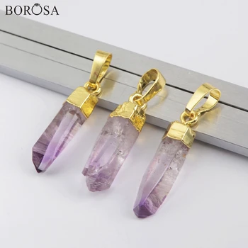 

BOROSA New Natural Crystal Necklace Pendants Amethysts Pillar Pendant for Necklace Gold Crystal Point Healing for Jewelry WX1530
