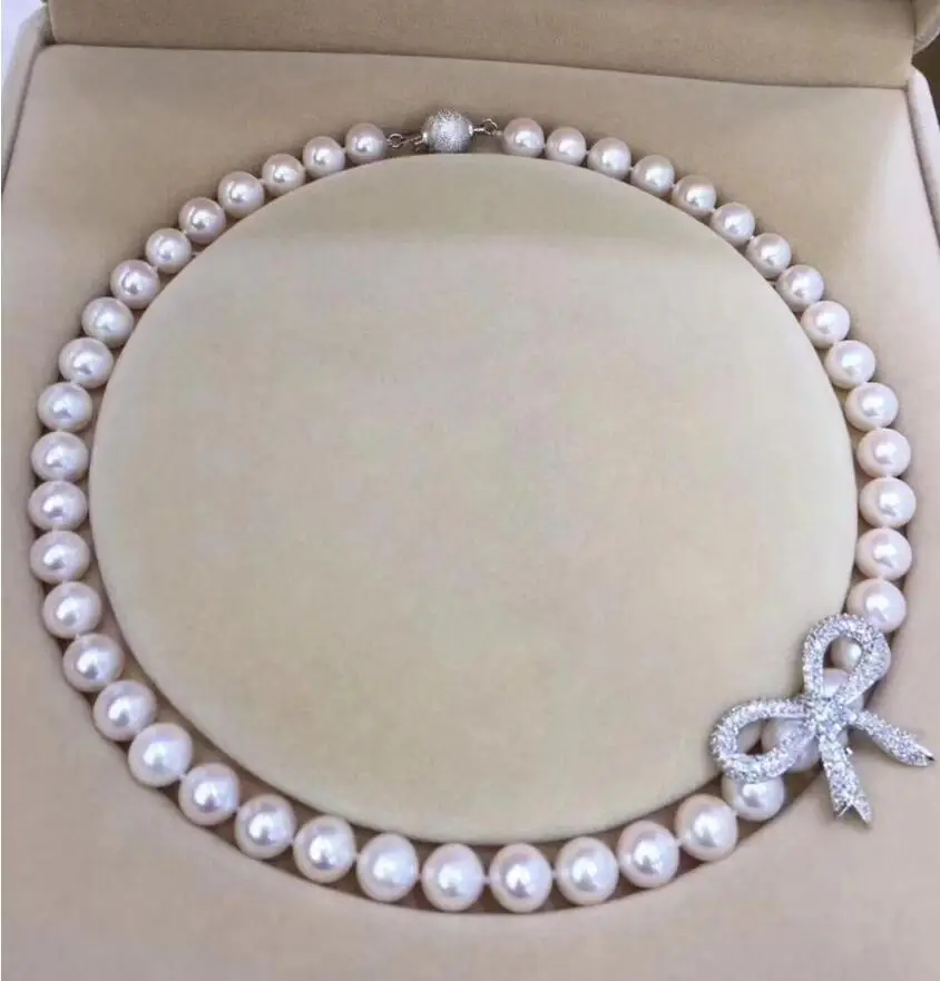 

Fashion jewelry Free Shipping gorgeous 9-10mm south sea white pearl necklace 18inch 925S