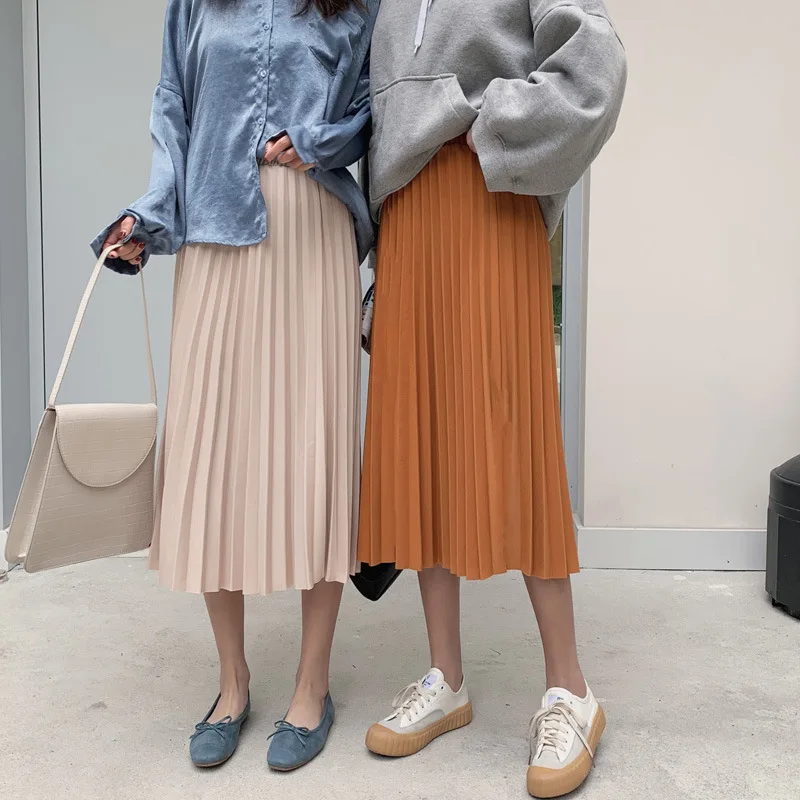 

Elegant Solid Midi Long Pleated Skirt Women 2019 Autumn Winter New Fashion High Waist A-line Sun School Skirt Female -85