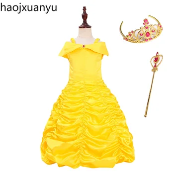 

Chirldren Cosplay Belle Princess Costume with Crown Magic Stick Girl Fairy Fancy Party Sleeveless Dress Kids Halloween Costumes