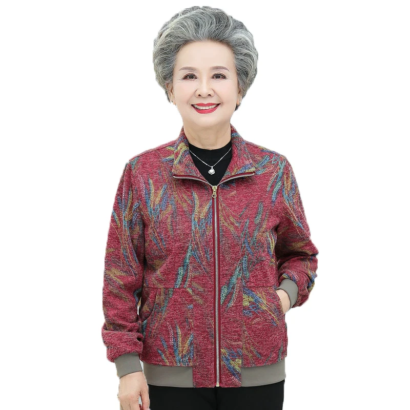 

Autumn Casual Floral Jackets Elderly Women Leisure Red Green Zipper Front Turn Down Collar Elastic Hem Daily Outerwear Grandma