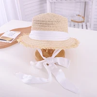 EWODOS Toddler Kids Girls Straw Sun Hat Wide Brim UV Protection Flat Top Sun Cap with Bandage Beach Sun Hat for Kids Girls 4