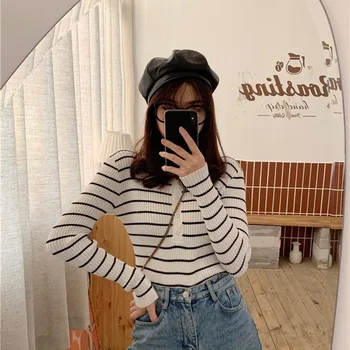 

New 2020 Autumn Winter Women Striped Sweater Buttons Knitted Pullovers Casual Fashionable Wild Ladies Tops Slim Fit