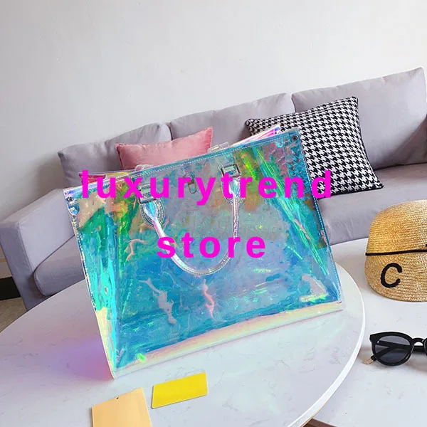 

41*33CM 2019 designer quality transparent laser shopping purse bags luxury bag travel brand shoulder original handbag bag tote