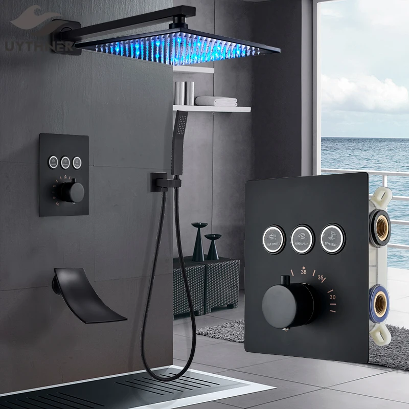 Luxury Black Thermostatic Bathroom Shower Faucet Rainfall Shower Head Wall Mounted Bathtub Mixer Tap Bath Set Wall bathroom faucet,bathroom shower faucet set,thermostatic mixing valve