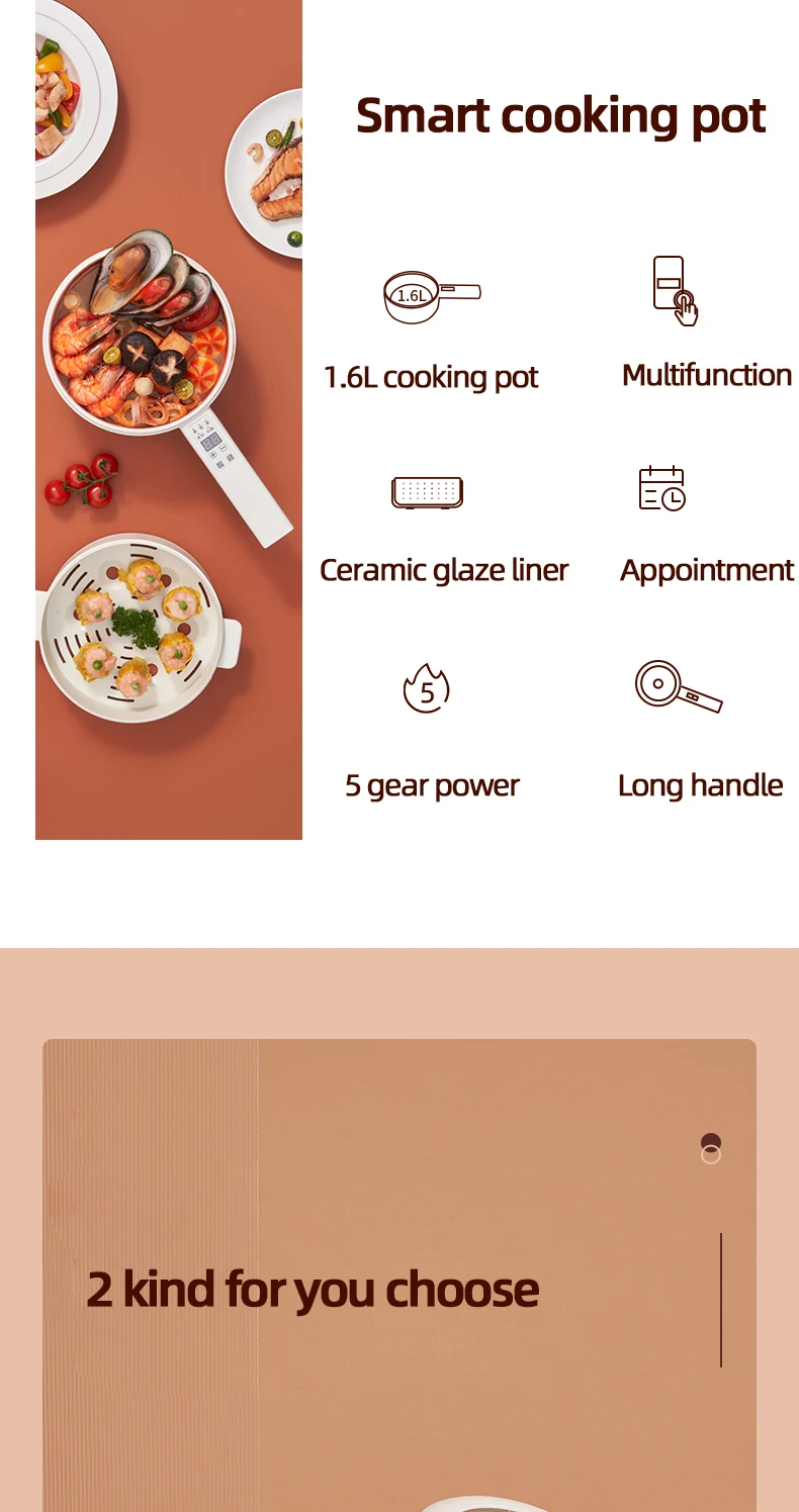Description Picture 3 of item1.6L Electric Cooking Pot Multicooker Hotpot Rice Cooker Ceramic Liner Smart Electric Skillet Fried Pan Food Steamer 700W