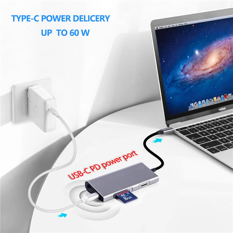  LHMZNIY 8 in1 USB C HUB USB-C HUB Type-c to Multi USB 3.0 HDMI 4k RJ45 Power Adapter Type C HUB HAB