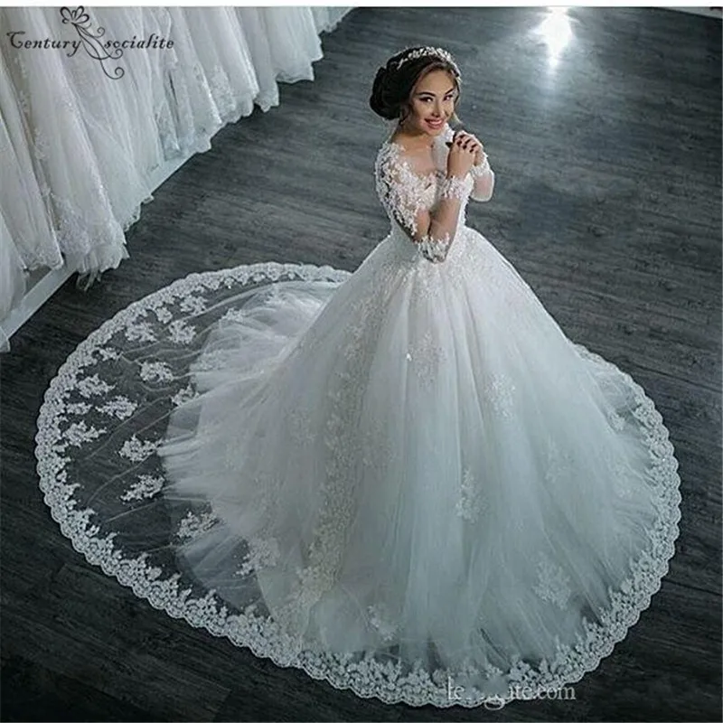 Vestido De Noiva, свадебные платья принцессы с длинным рукавом, кружевные аппликации, расшитые бисером и блестками, арабские Дубай, свадебные платья, платье невесты