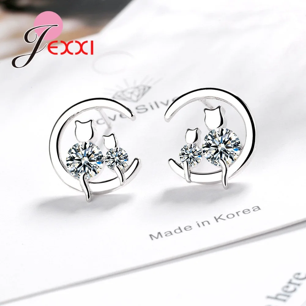 Nice Woman Girl Stud Earrings Top Grade AAA Zircon 925 Sterling Silver Cat Mother/Baby Original Design Ear Decoration Jewelry