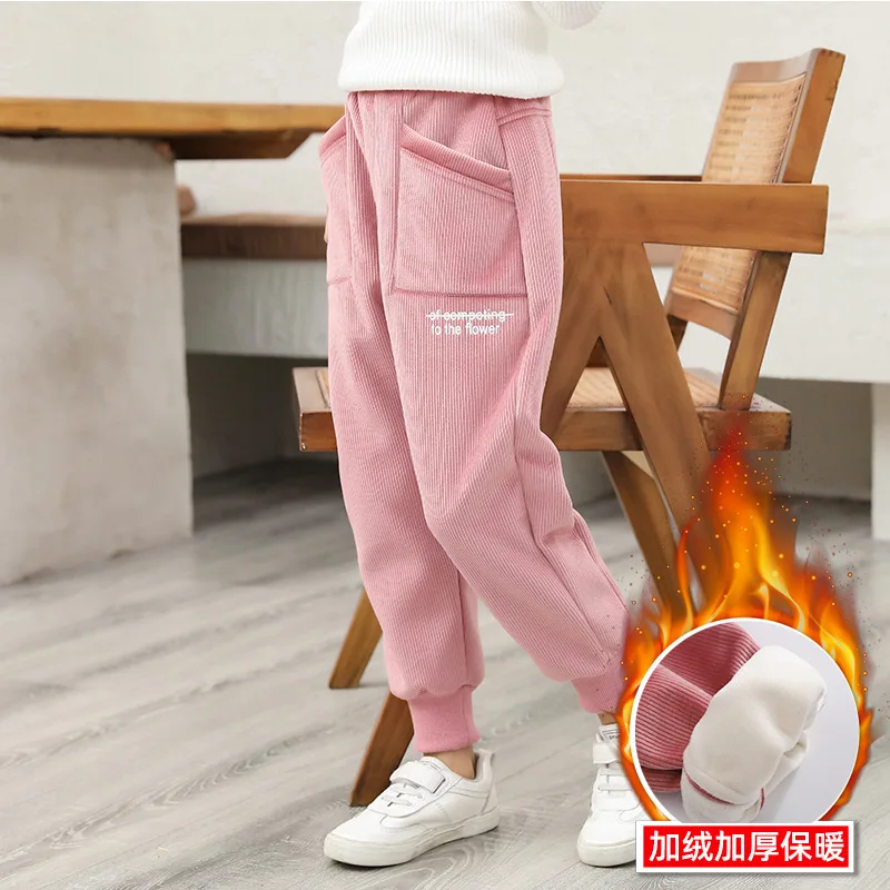 Winter New Korean Girl Thick Pants Kids Letter Fashion Sports Long Trousers Children's Casual Clothes Big Child Garments