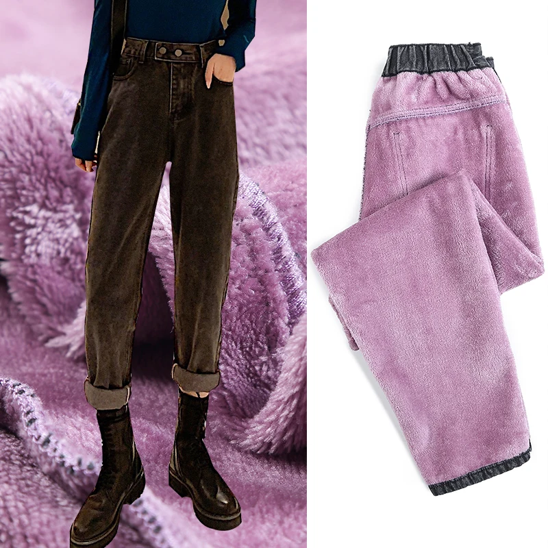 Зимние фиолетовые флисовые теплые плотные бархатные женские прямые джинсы от Harlan, женские Джинсы бойфренда с высокой талией, джинсовые узкие брюки