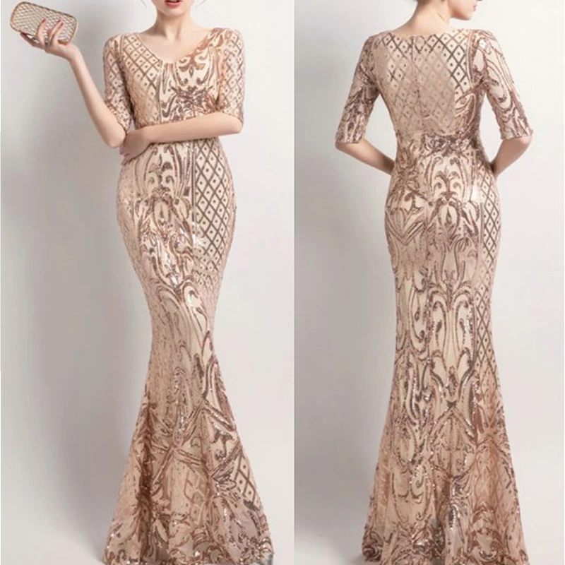 

Mermaid Sequin Evening Party Gown Long Half Sleeves V Neck Plus Size Prom Gowns 2020 Rose Gold Sparkly Slim Luxury Formal Dress